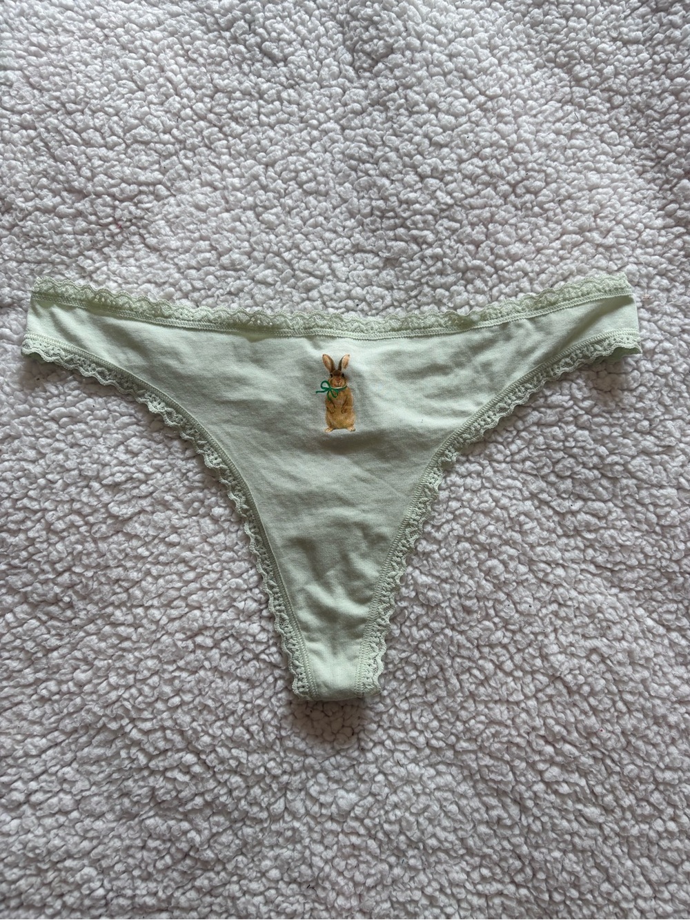 Victoria's Secret Pale Green Lace-Trim Thong with Bunny Embroidery